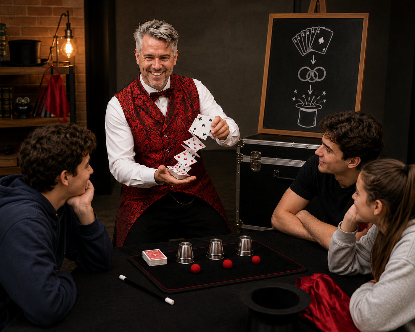 Private magic lessons with Tres teaching students at a close-up table