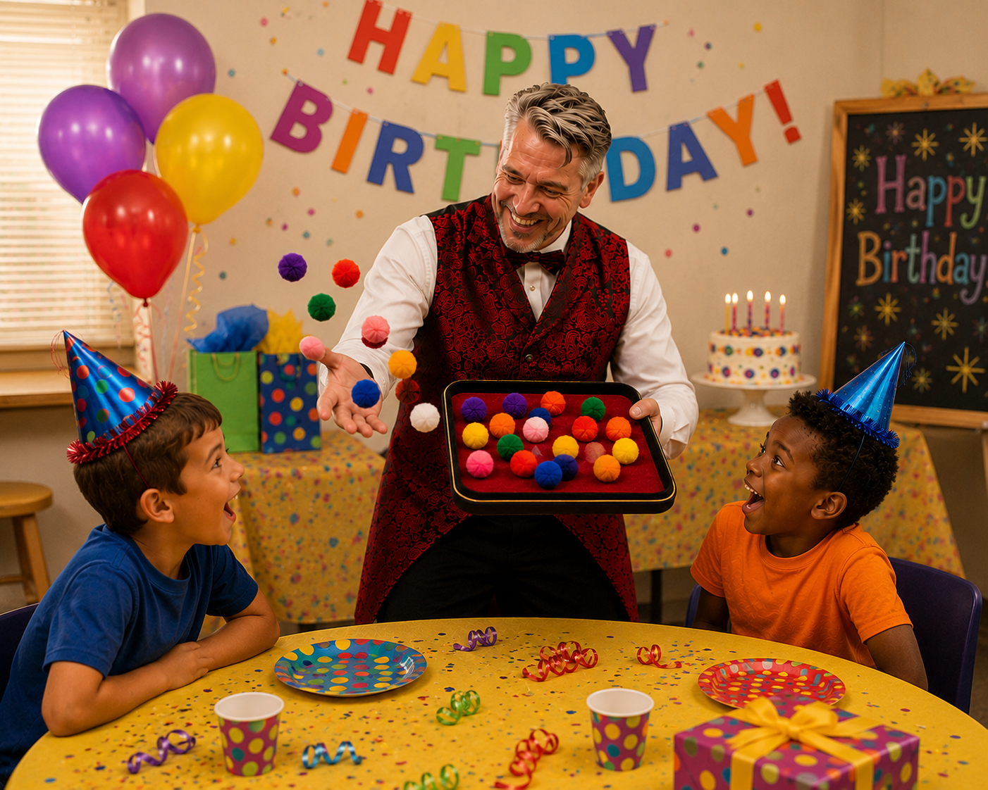 Tres the Great performing sponge ball magic for two young kids at a small home birthday party