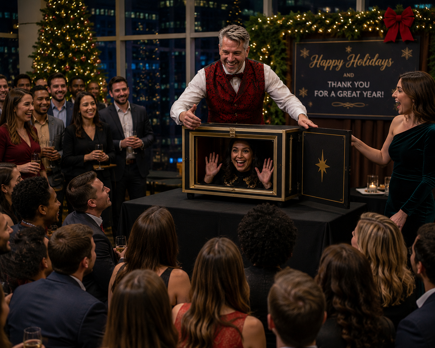 Corporate holiday party magic with Tres performing for company guests