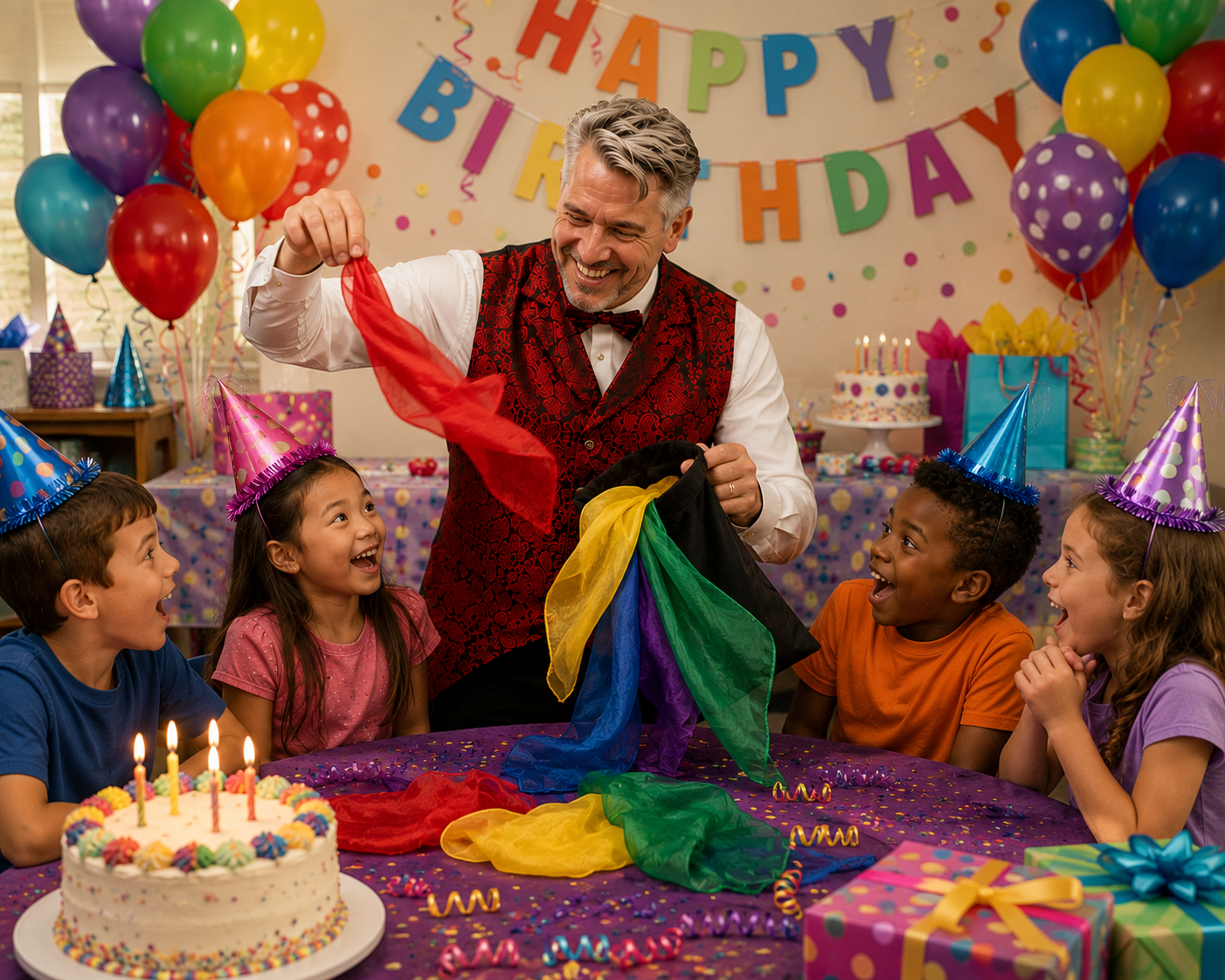 Classic birthday magic show with Tres performing for a group of laughing children