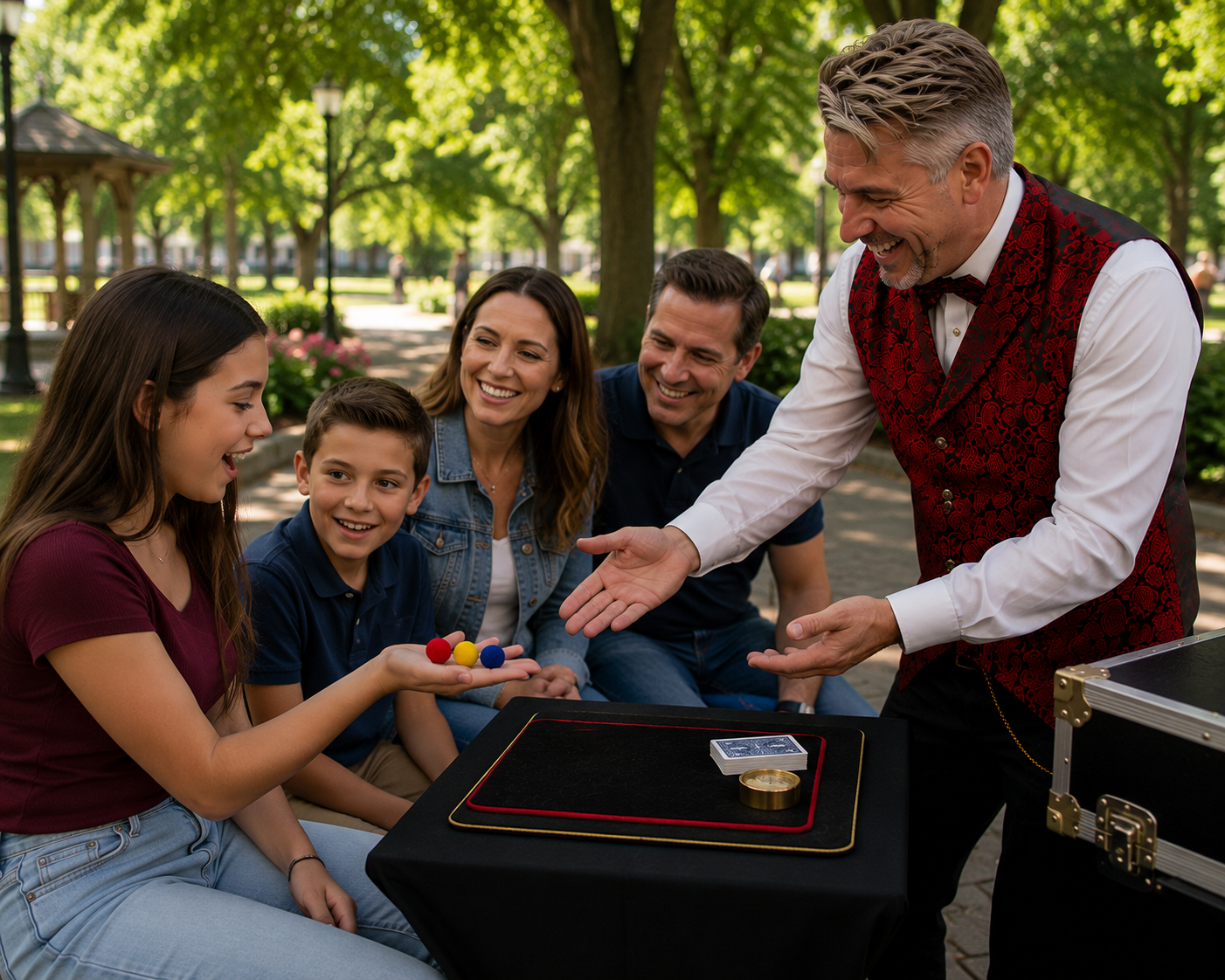 Strolling close-up magician performing card magic for adults at a reception