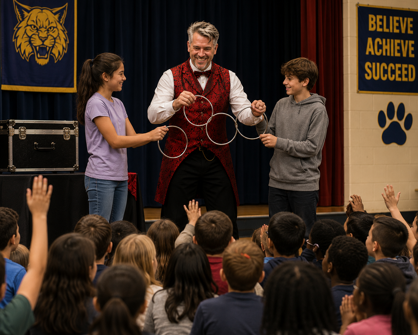 School assembly magic with Tres on stage in front of Utah students