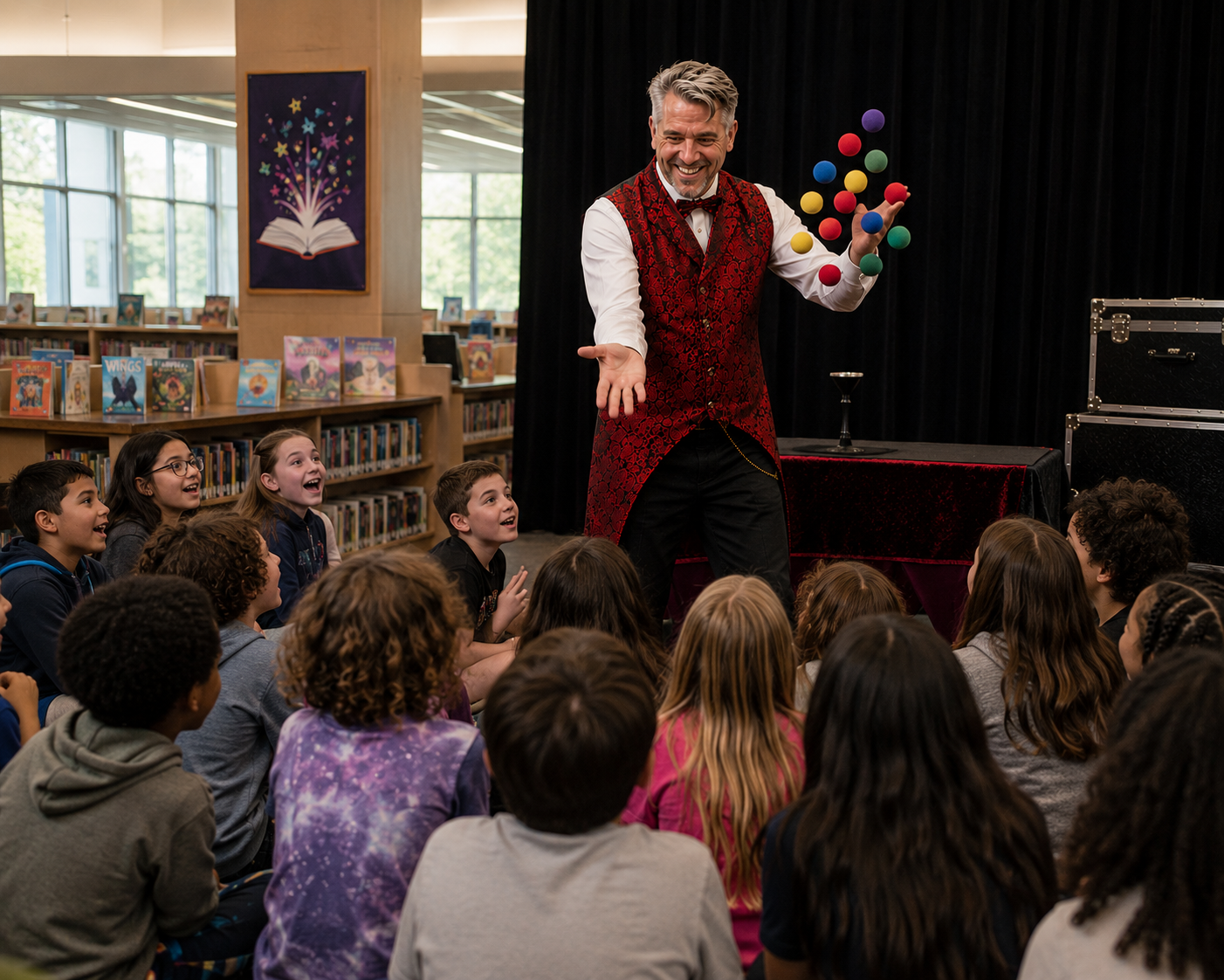Library magic show with Tres entertaining children and families during a community event